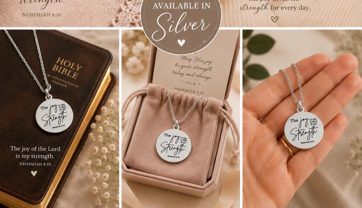 Gold Plated Christian Necklace: Engraved Bible Verse Jewelry The Joy of The Lord is My Strength