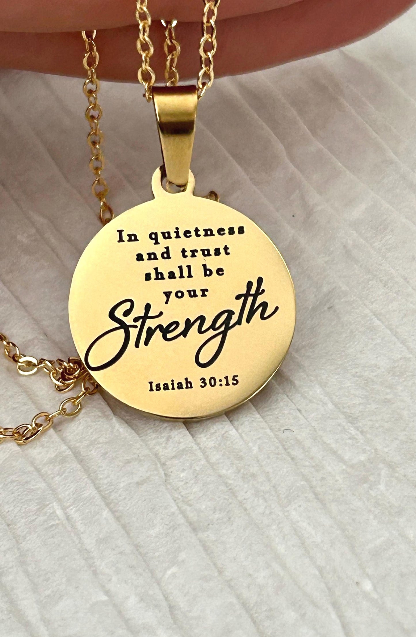 In Quietness and Trust Shall Be Your Strength Necklace | Isaiah 30:15 Bible Verse Jewelry | Christian Gift for Women | Faith Pendant