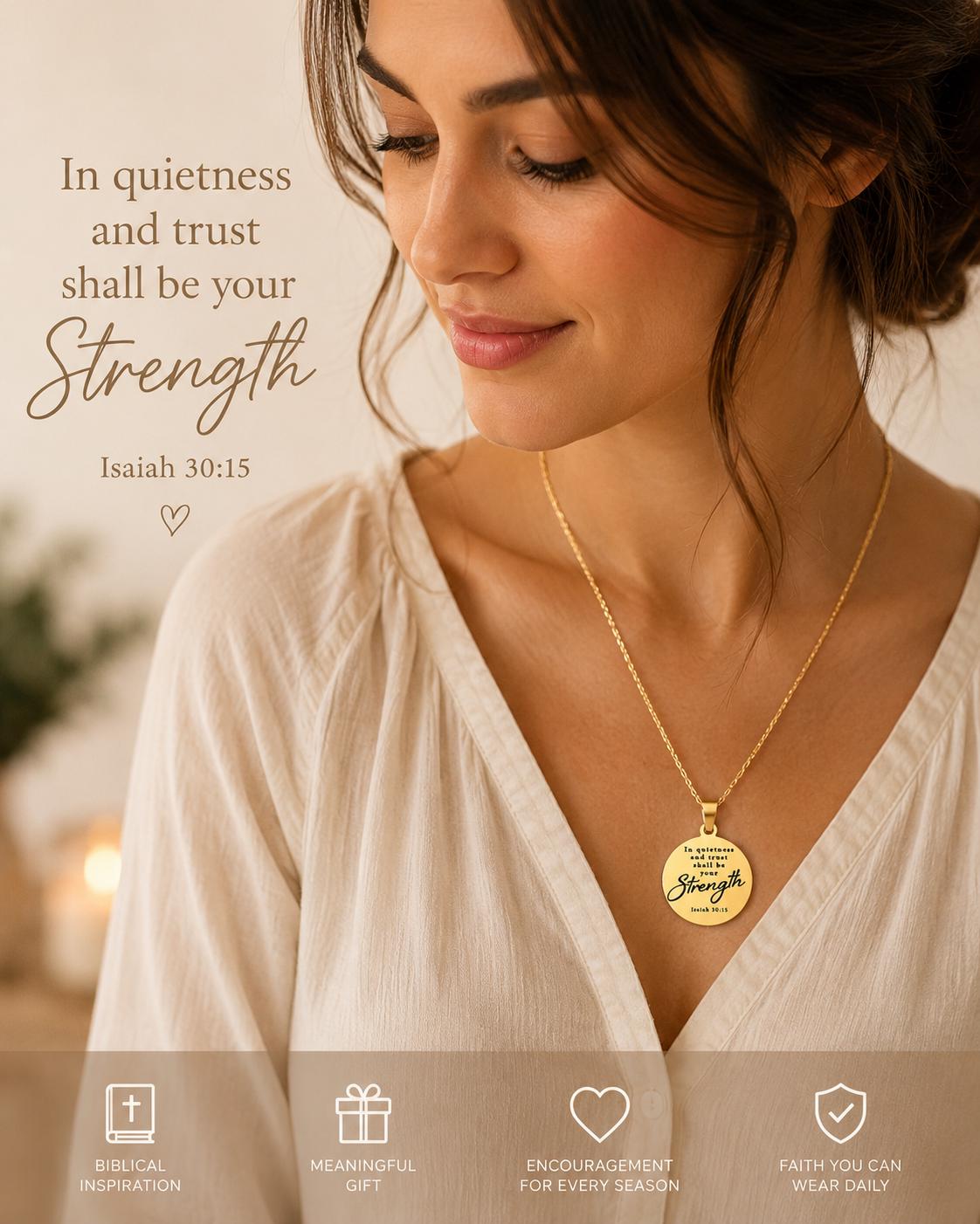 In Quietness and Trust Shall Be Your Strength Necklace | Isaiah 30:15 Bible Verse Jewelry | Christian Gift for Women | Faith Pendant