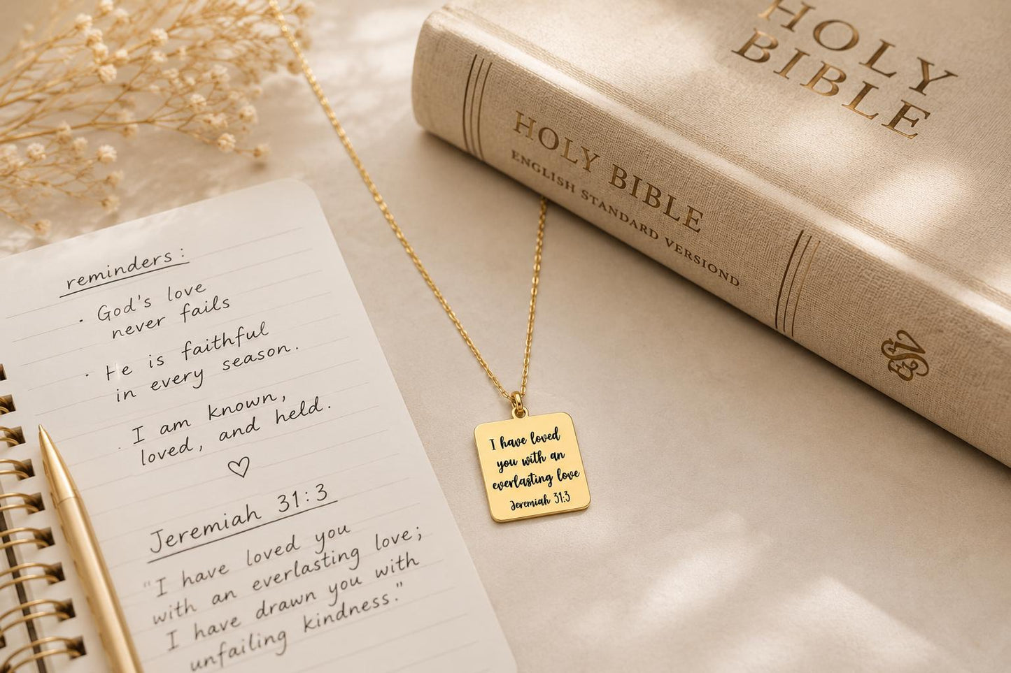 Jeremiah 31:3 Gold Charm Necklace, Christian Scripture Jewelry