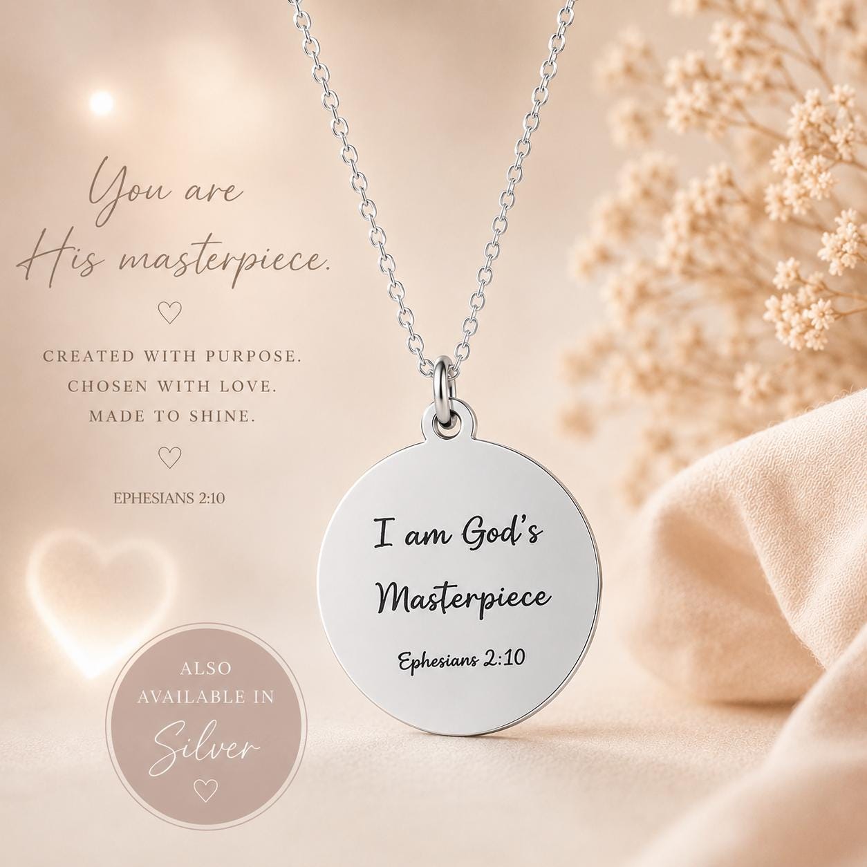 I Am God's Masterpiece Bible Verse Necklace, Ephesians 2:10 Christians Gift for Women Mothers Day Gift, Encouragement Faith Gift