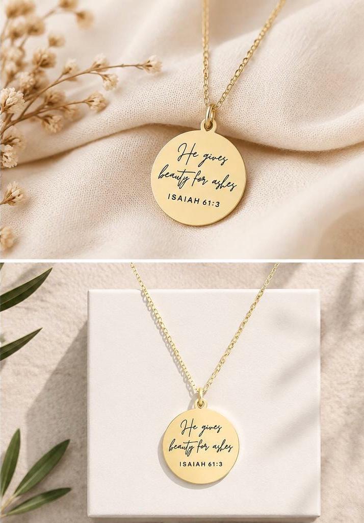 Beauty for Ashes Necklace | Isaiah 61:3 Bible Verse Necklace | Christian Gift for Women | Faith Jewelry | Encouragement Gift