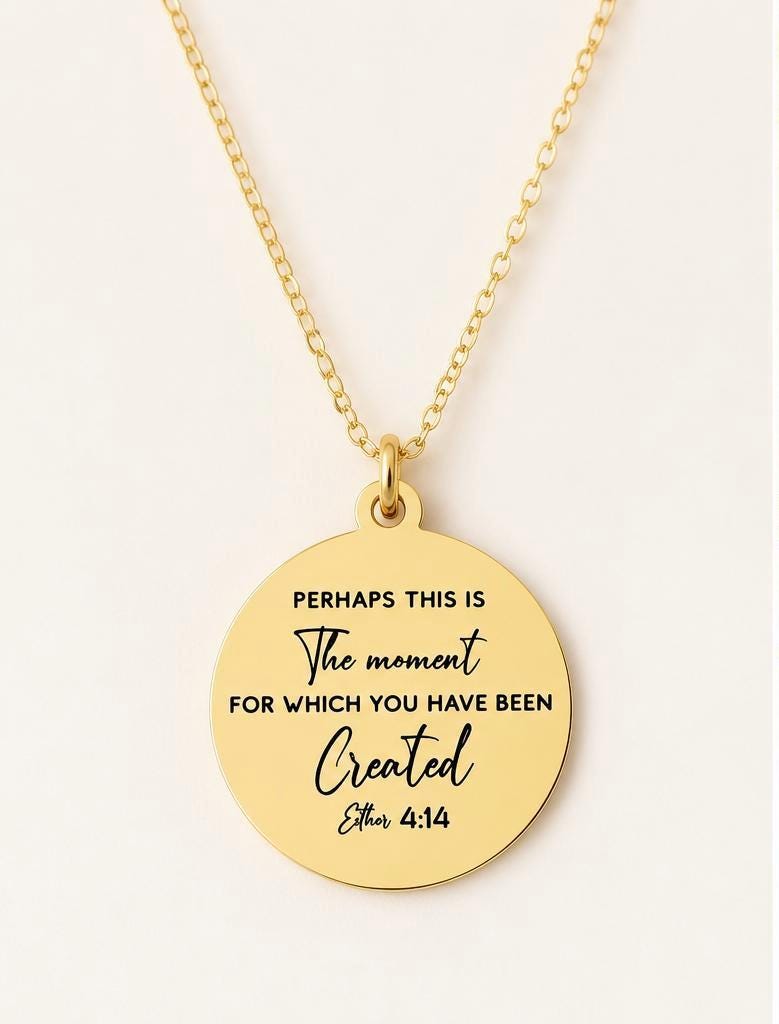 Engraved Esther 4:14 Gold Plated Necklace, Christian Gifts Perhaps this is the moment