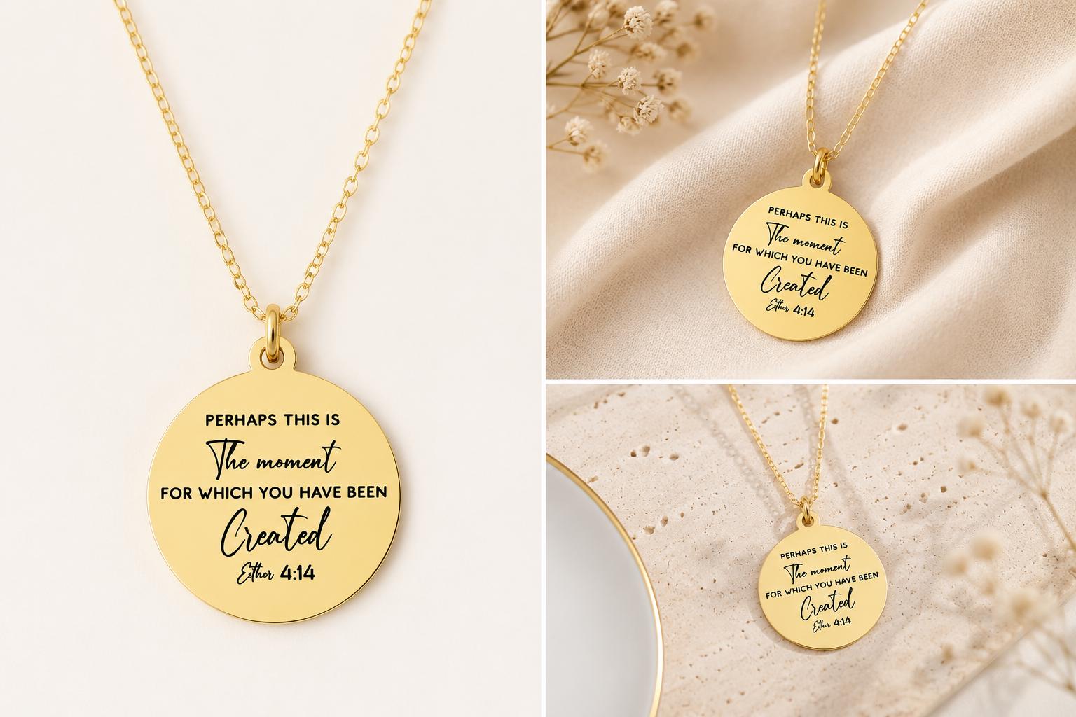 Engraved Esther 4:14 Gold Plated Necklace, Christian Gifts Perhaps this is the moment