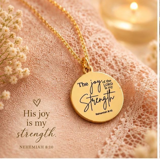 Gold Plated Christian Necklace: Engraved Bible Verse Jewelry The Joy of The Lord is My Strength