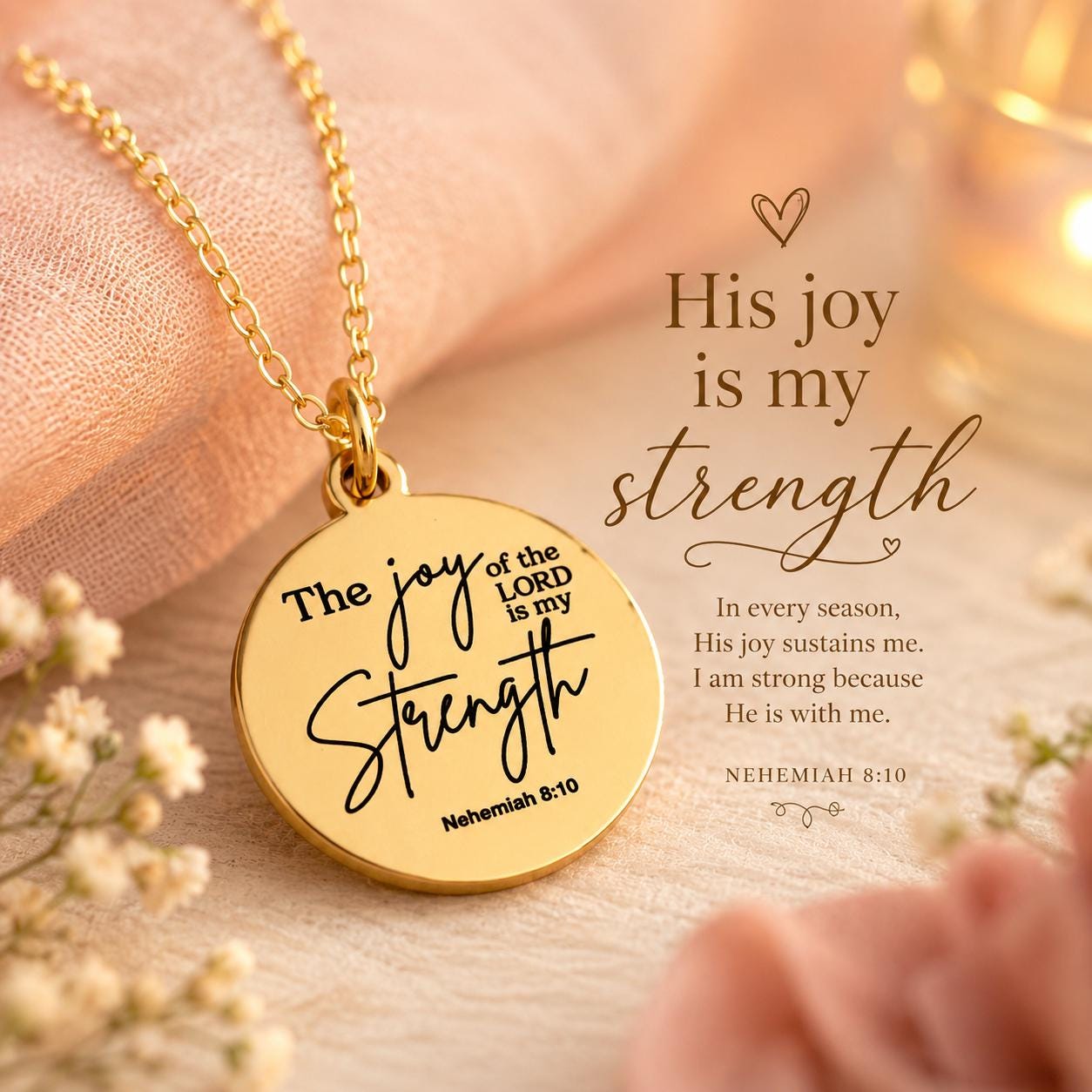 Gold Plated Christian Necklace: Engraved Bible Verse Jewelry The Joy of The Lord is My Strength