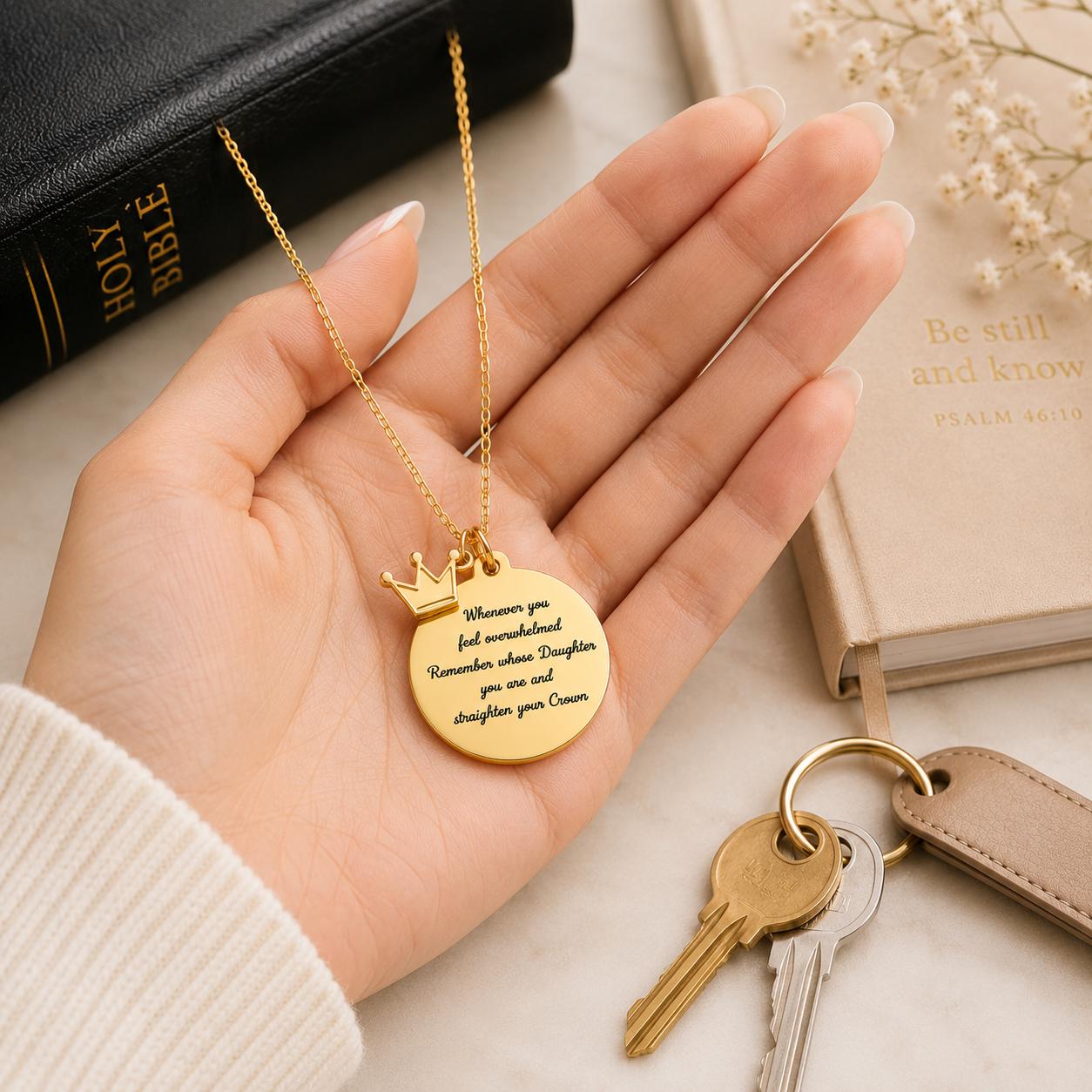 To My Daughter Straighten Your Crown Gold Charm Necklace, Daughter of The King, Gifts for daughter, Faith Birthday Gift, Baptism Affirmation