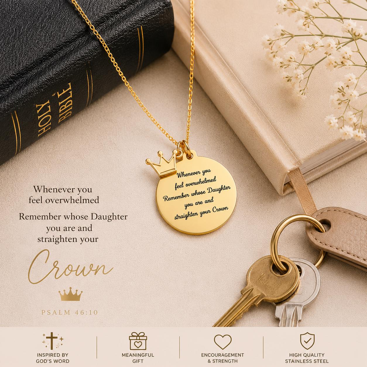 To My Daughter Straighten Your Crown Gold Charm Necklace, Daughter of The King, Gifts for daughter, Faith Birthday Gift, Baptism Affirmation