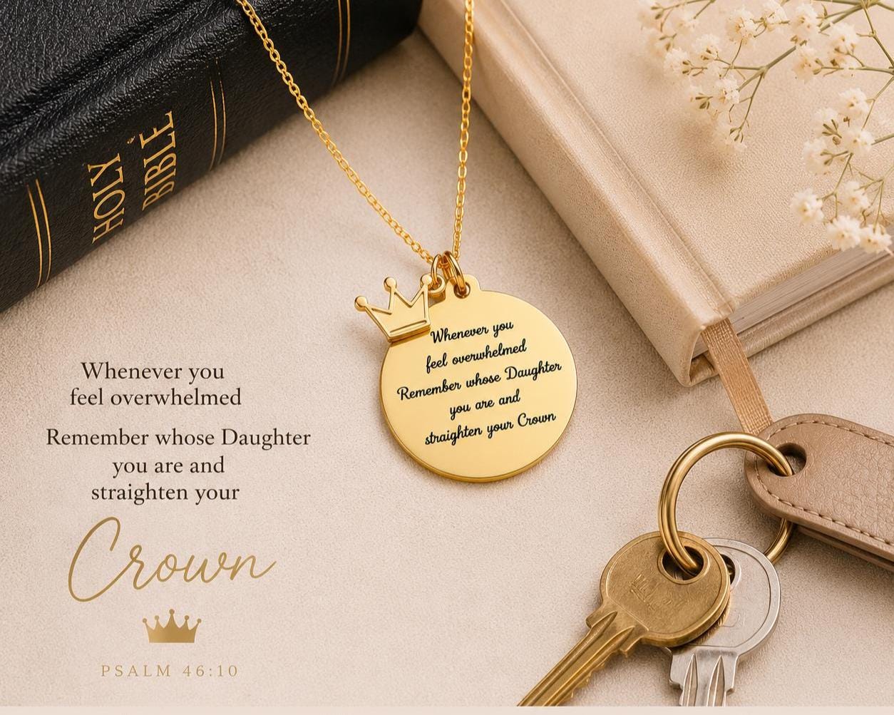 To My Daughter Straighten Your Crown Gold Charm Necklace, Daughter of The King, Gifts for daughter, Faith Birthday Gift, Baptism Affirmation