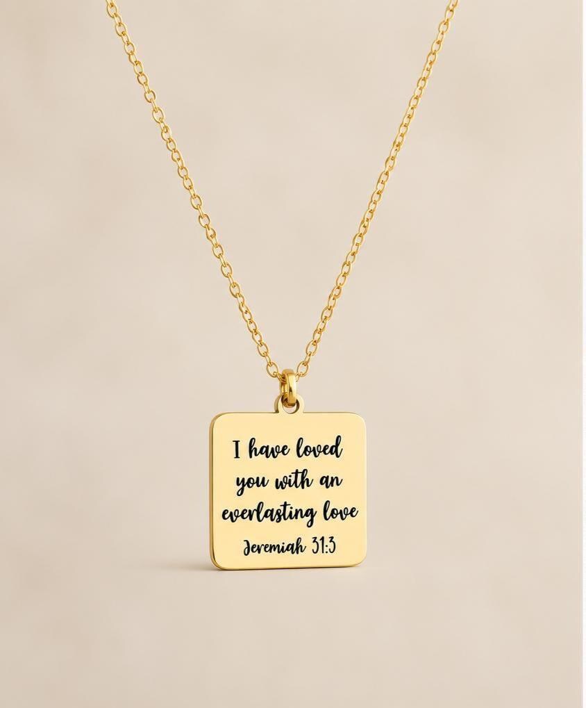 Jeremiah 31:3 Gold Charm Necklace, Christian Scripture Jewelry