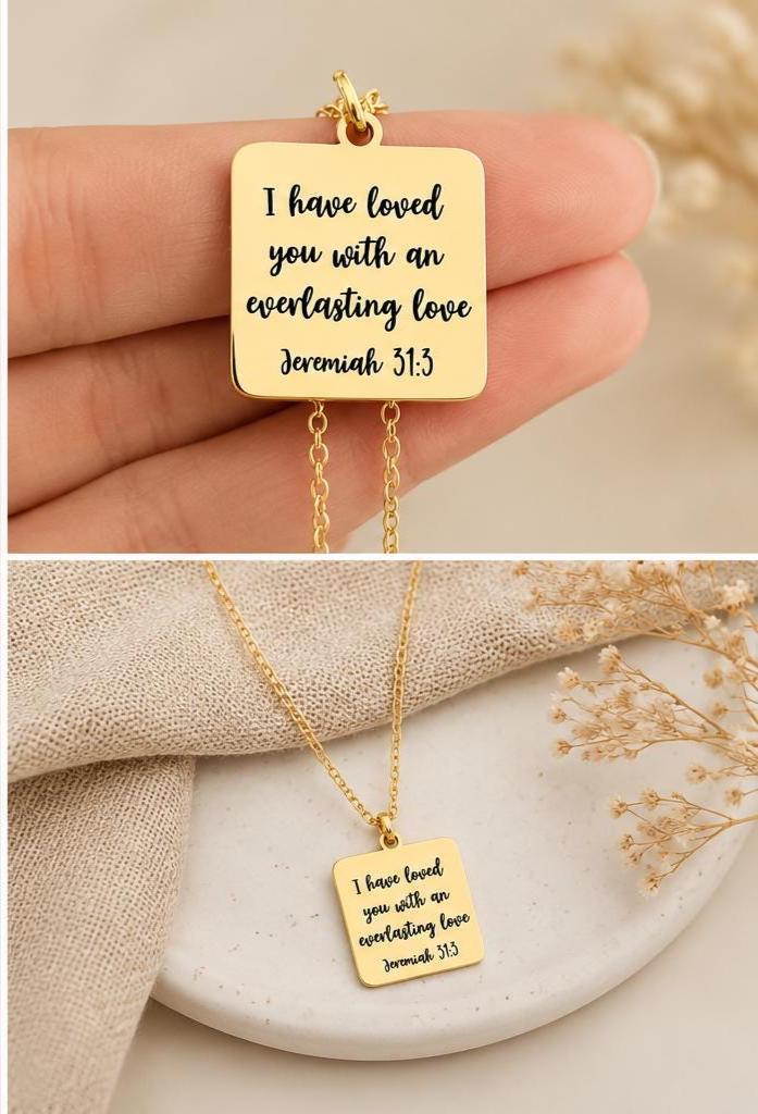 Jeremiah 31:3 Gold Charm Necklace, Christian Scripture Jewelry
