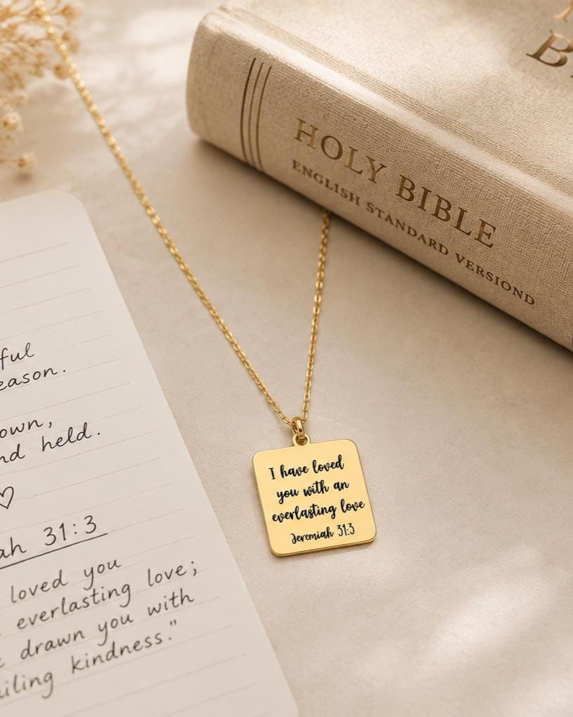 Jeremiah 31:3 Gold Charm Necklace, Christian Scripture Jewelry