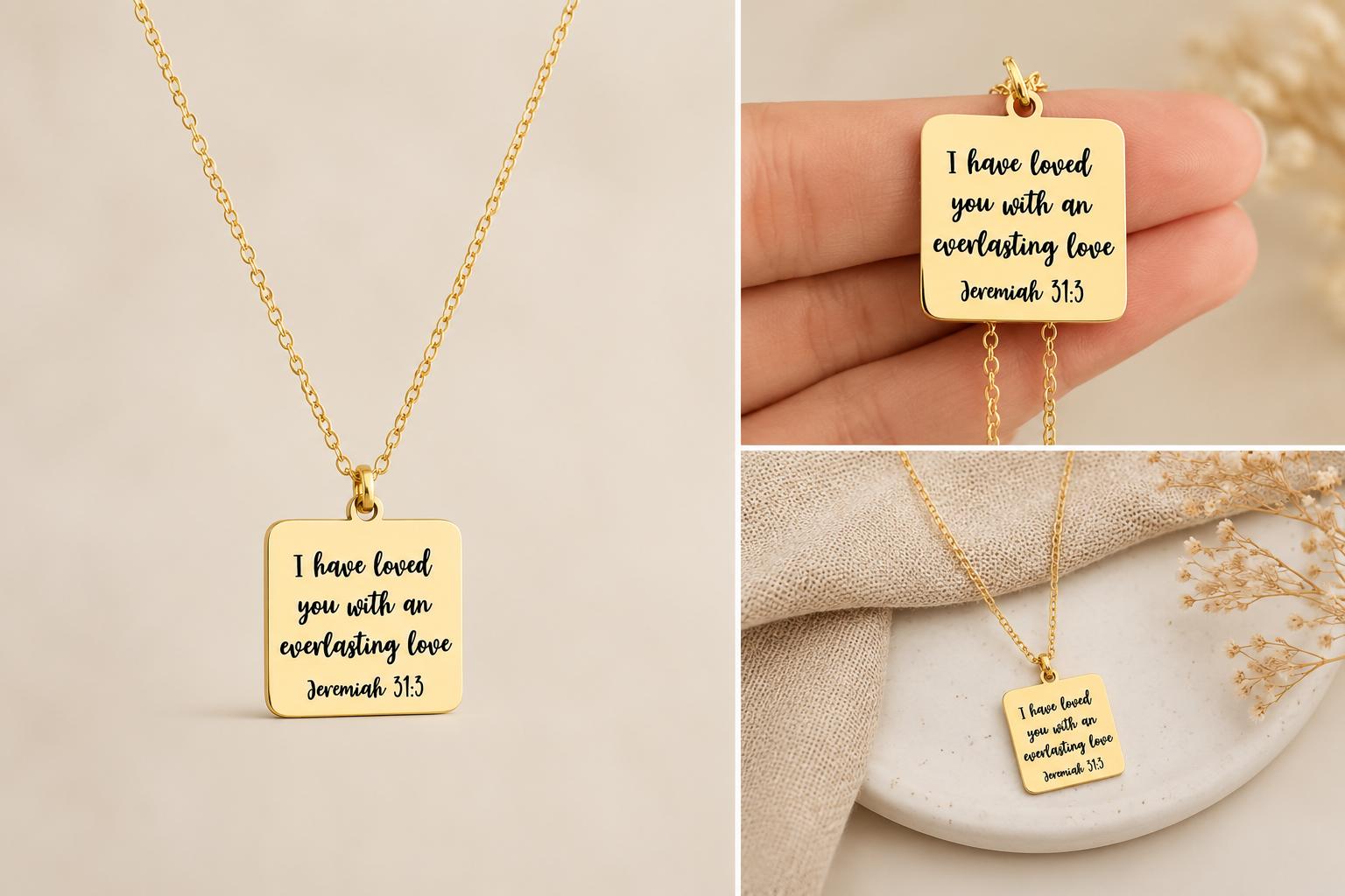 Jeremiah 31:3 Gold Charm Necklace, Christian Scripture Jewelry
