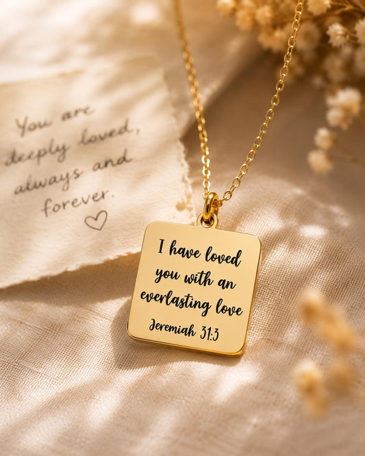Jeremiah 31:3 Gold Charm Necklace, Christian Scripture Jewelry