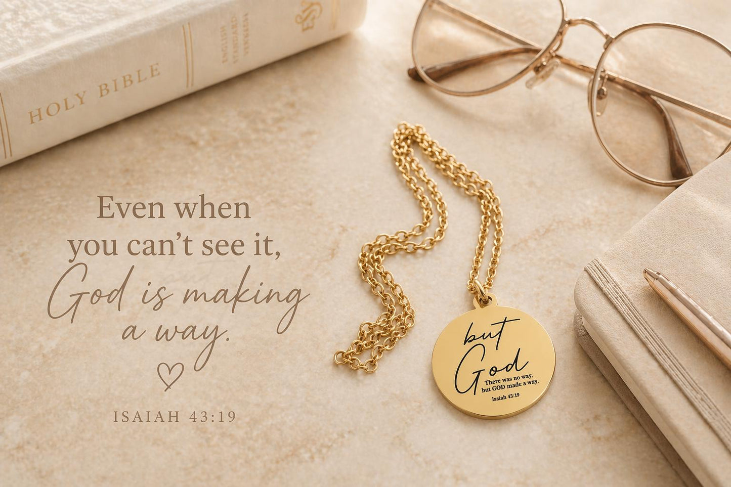 May include: A gold-colored necklace with a round pendant that says "but God" in script. The necklace is on a light-colored surface with a Bible, glasses, and a notebook. The text "Even when you can't see it, God is making a way" is also visible.