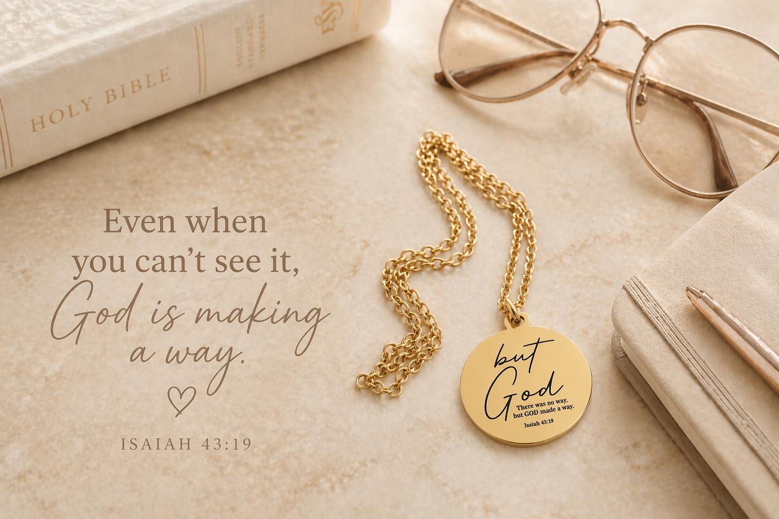 May include: A gold-colored necklace with a round pendant that says "but God" in script. The necklace is on a light-colored surface with a Bible, glasses, and a notebook. The text "Even when you can't see it, God is making a way" is also visible.