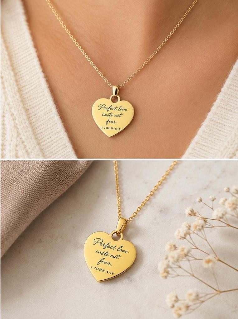 Perfect Love Casts Out Fear Necklace | 1 John 4:18 Bible Verse Necklace | Christian Gift for Women | Faith Jewelry | Gold Scripture Necklace