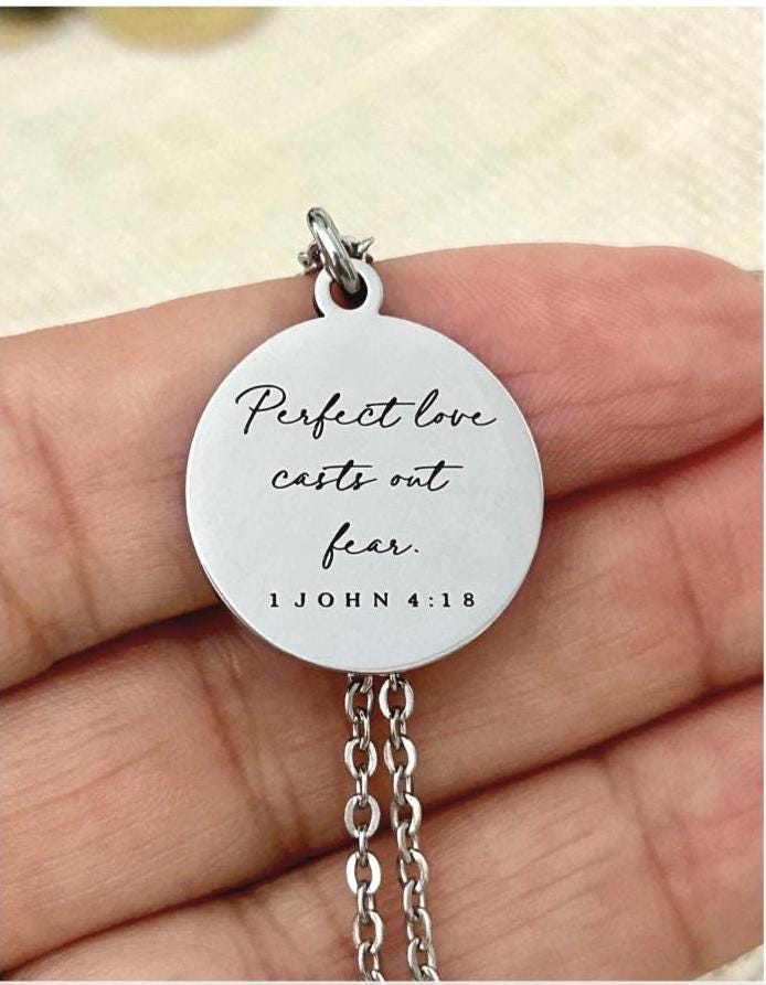 Perfect Love Casts out fear Bible Verse Gold Necklace, Christian Gift, Scripture Jewelry, Personalize Necklace, Engraved Charms, 1 John 4:18