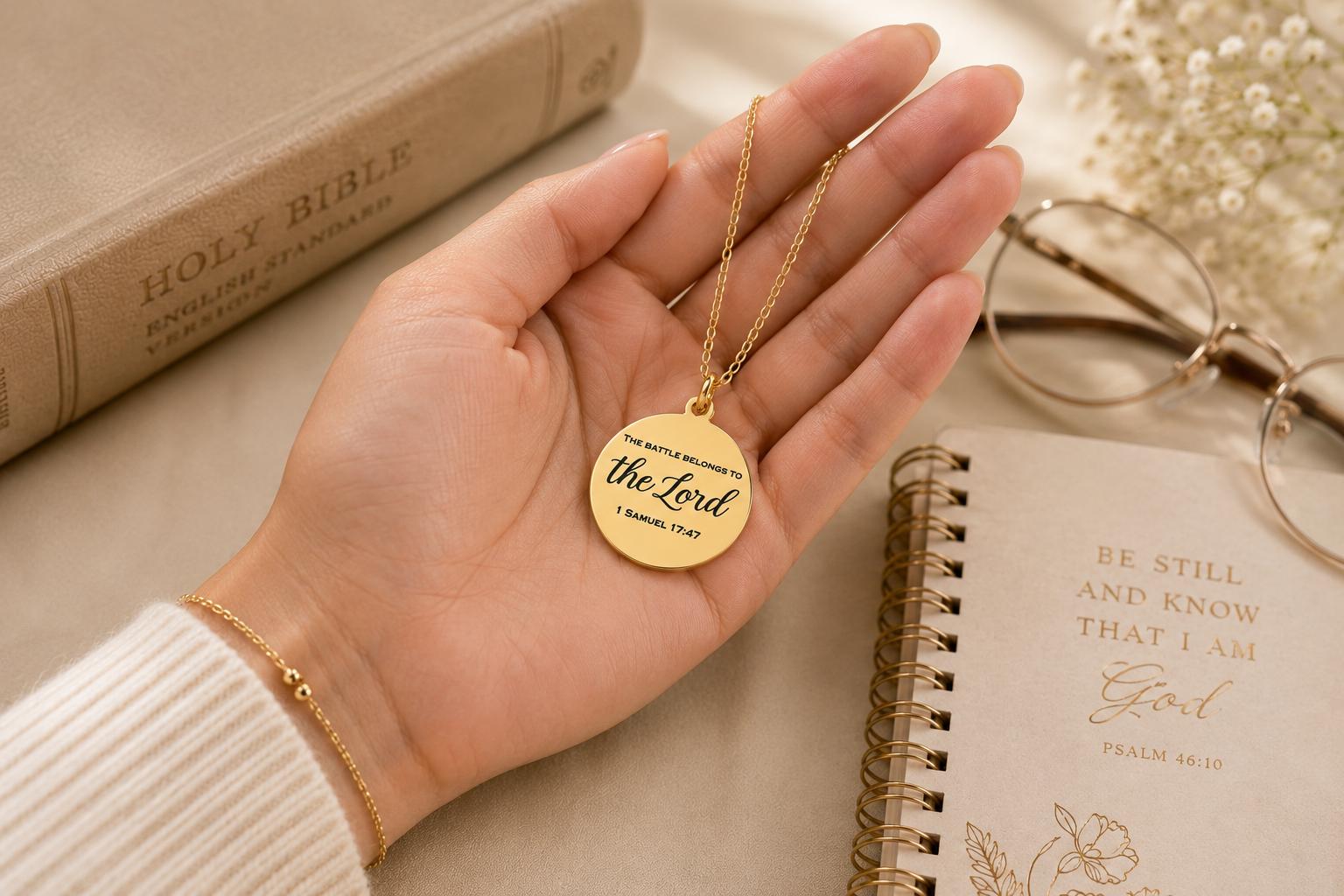The Battle Belongs To The Lord Bible Verse Necklace, 1 Samuel 17:47, Christian Gifts, Personalized Necklace