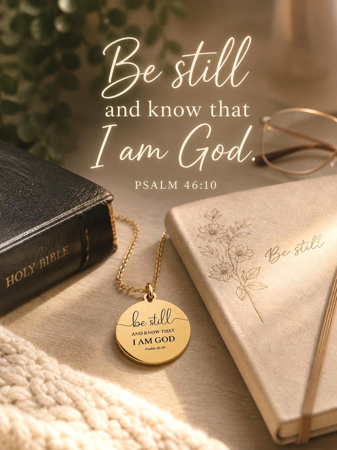 Dainty gold Psalm 46:10 necklace engraved with the words "Be Still and Know That I Am God." Faith-inspired Christian jewelry and meaningful gift for women.
