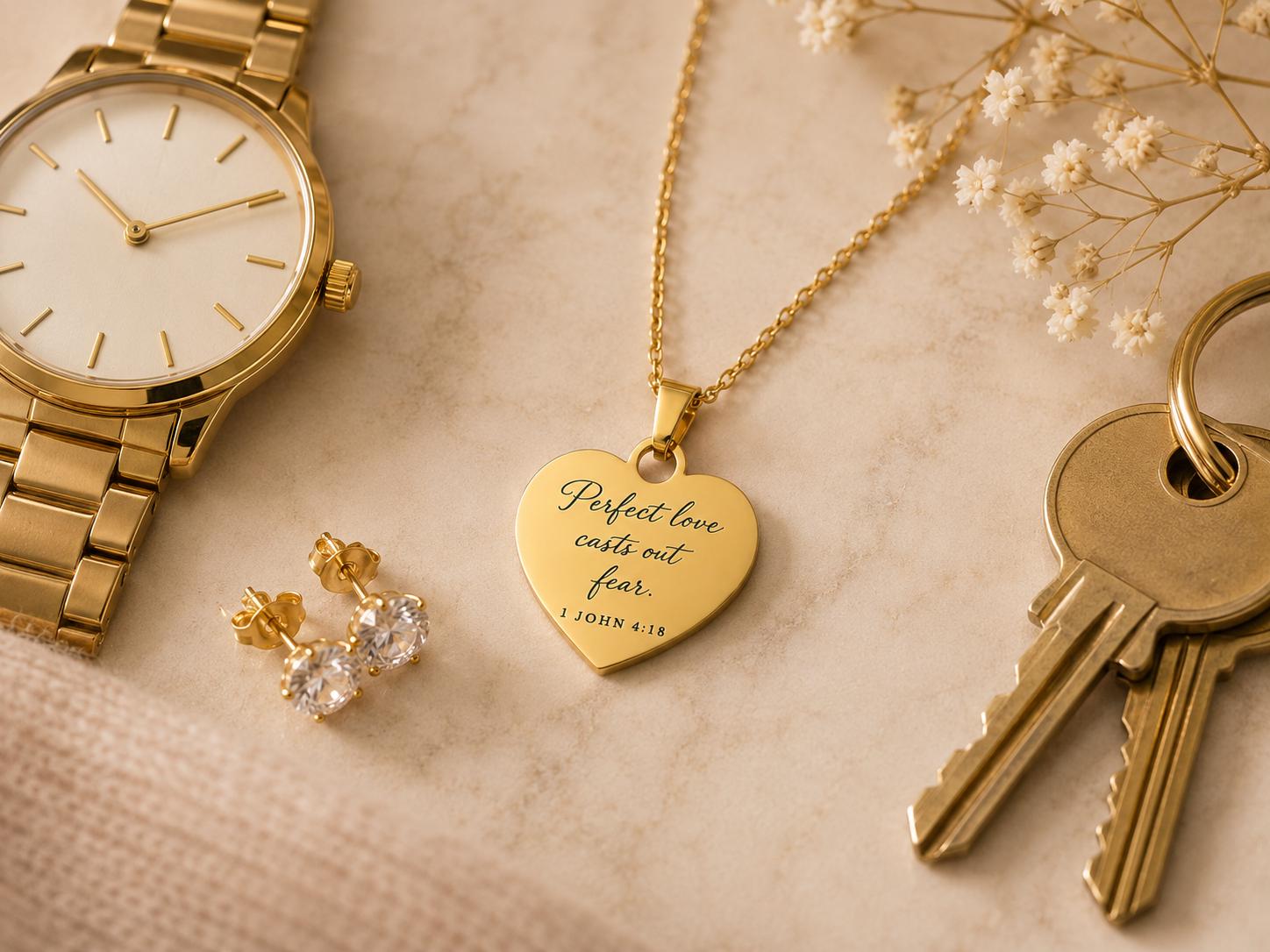 Perfect Love Casts Out Fear Necklace | 1 John 4:18 Bible Verse Necklace | Christian Gift for Women | Faith Jewelry | Gold Scripture Necklace