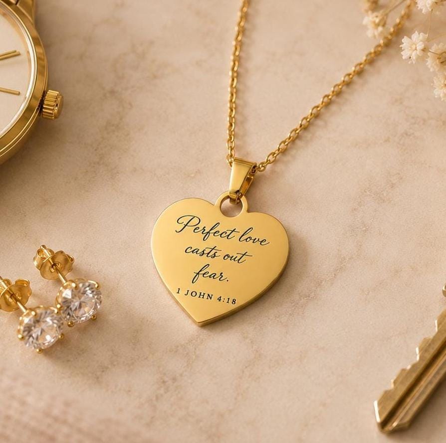 Perfect Love Casts Out Fear Necklace | 1 John 4:18 Bible Verse Necklace | Christian Gift for Women | Faith Jewelry | Gold Scripture Necklace