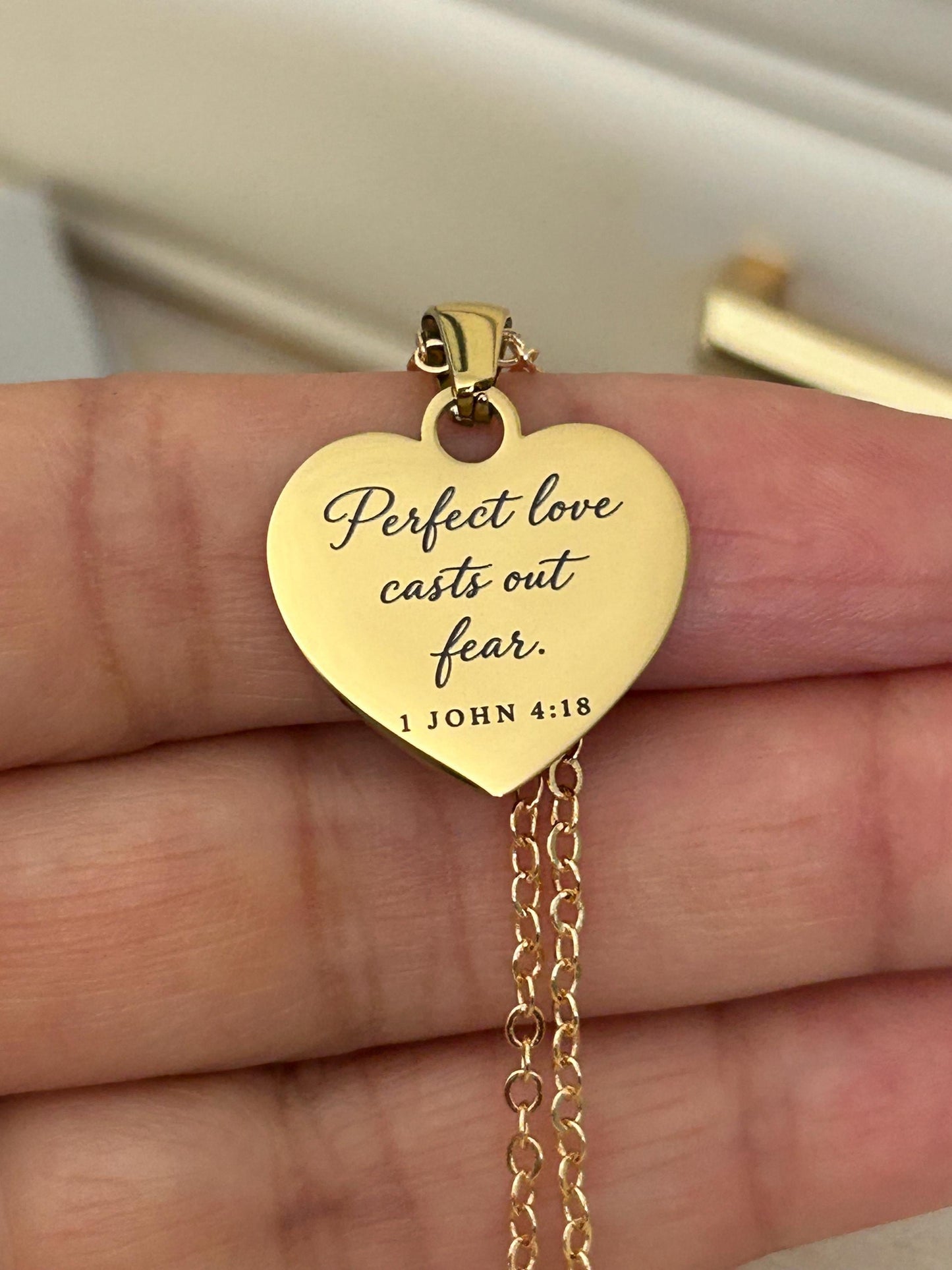 Perfect Love Casts Out Fear Necklace | 1 John 4:18 Bible Verse Necklace | Christian Gift for Women | Faith Jewelry | Gold Scripture Necklace
