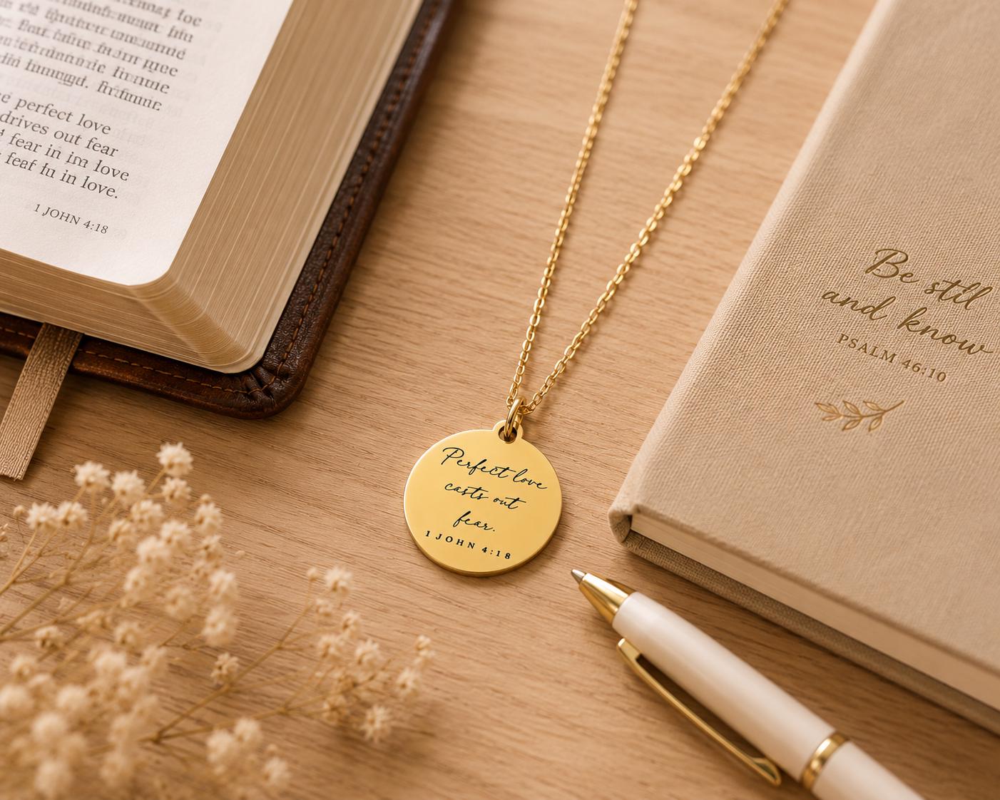 Perfect Love Casts out fear Bible Verse Gold Necklace, Christian Gift, Scripture Jewelry, Personalize Necklace, Engraved Charms, 1 John 4:18