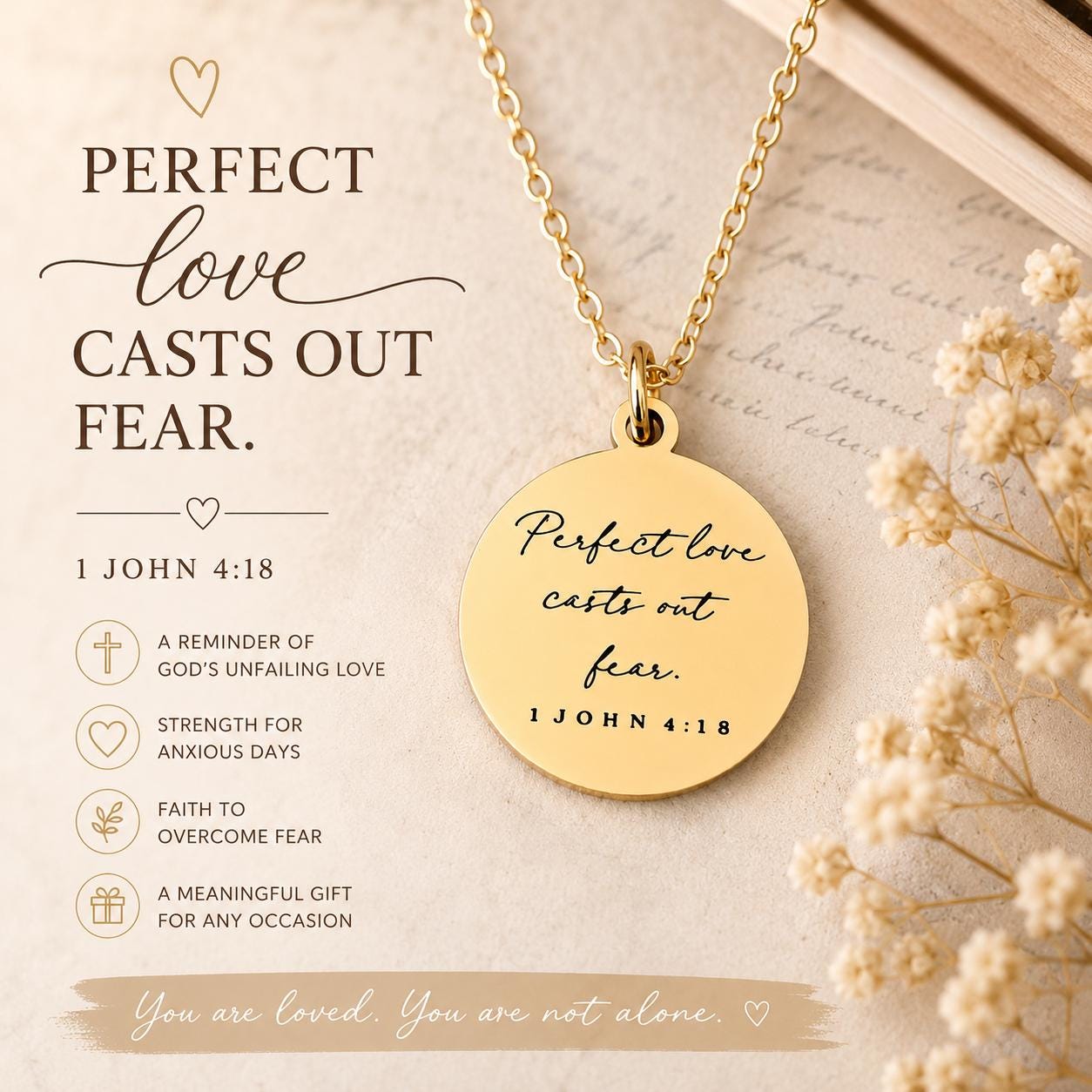Perfect Love Casts out fear Bible Verse Gold Necklace, Christian Gift, Scripture Jewelry, Personalize Necklace, Engraved Charms, 1 John 4:18
