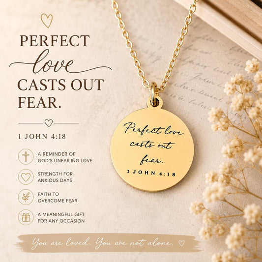 Perfect Love Casts out fear Bible Verse Gold Necklace, Christian Gift, Scripture Jewelry, Personalize Necklace, Engraved Charms, 1 John 4:18