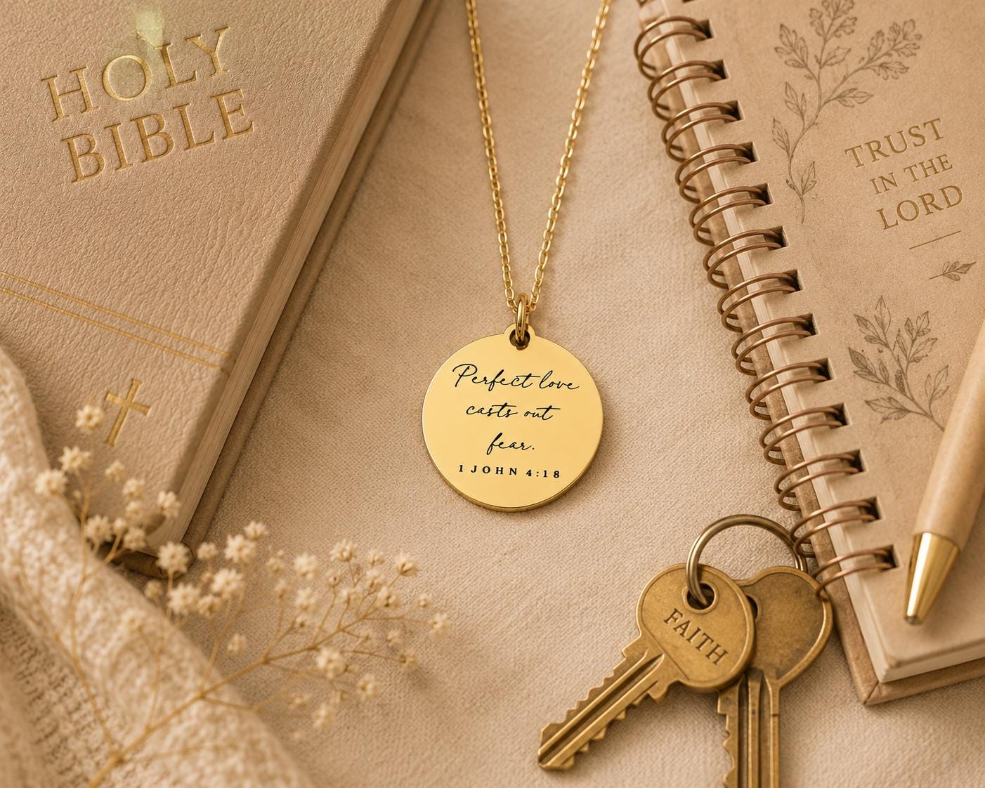 Perfect Love Casts out fear Bible Verse Gold Necklace, Christian Gift, Scripture Jewelry, Personalize Necklace, Engraved Charms, 1 John 4:18