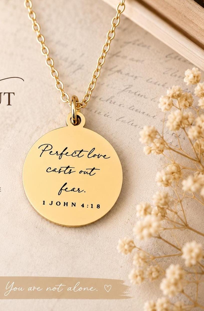 Perfect Love Casts out fear Bible Verse Gold Necklace, Christian Gift, Scripture Jewelry, Personalize Necklace, Engraved Charms, 1 John 4:18