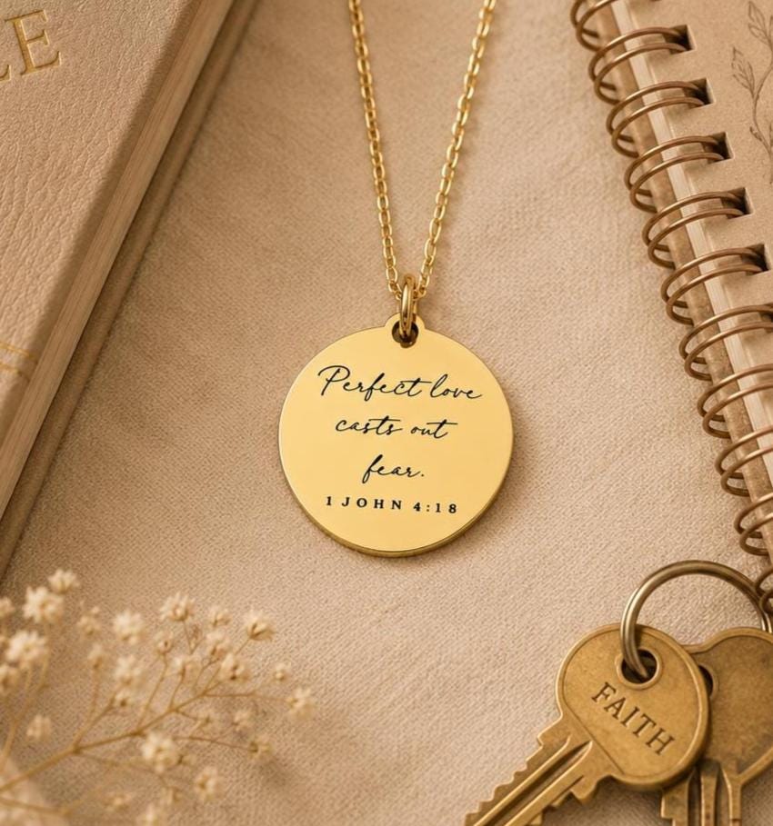 Perfect Love Casts out fear Bible Verse Gold Necklace, Christian Gift, Scripture Jewelry, Personalize Necklace, Engraved Charms, 1 John 4:18
