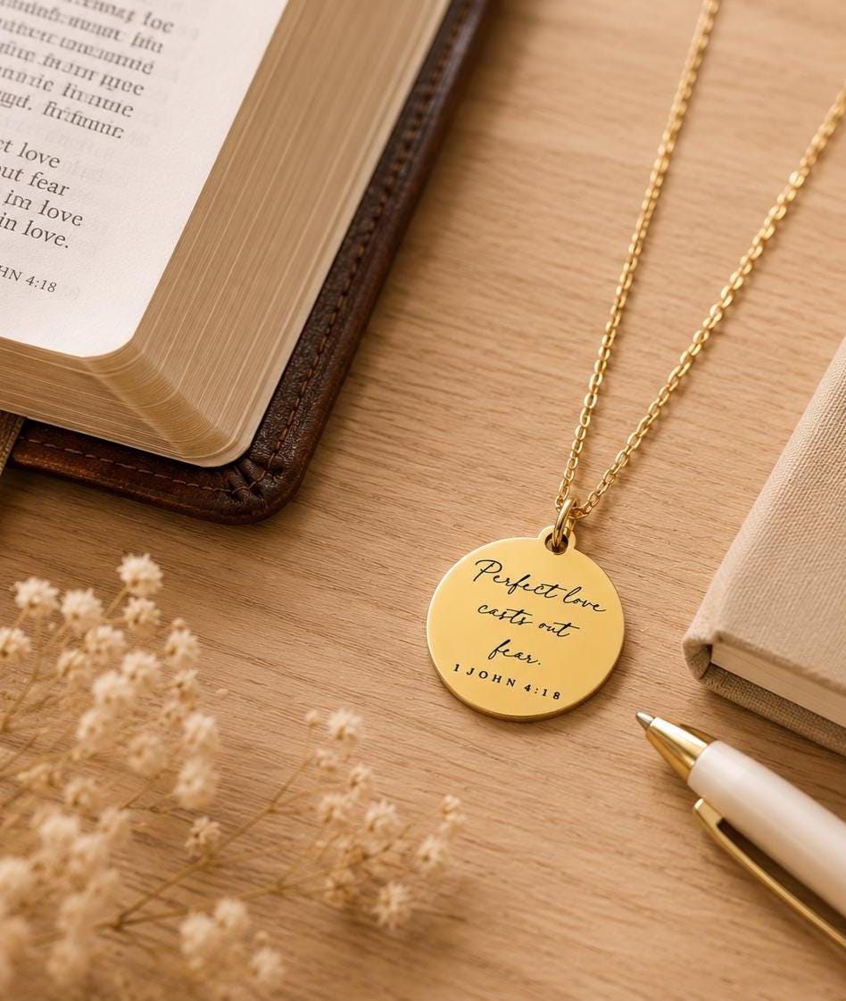 Perfect Love Casts out fear Bible Verse Gold Necklace, Christian Gift, Scripture Jewelry, Personalize Necklace, Engraved Charms, 1 John 4:18