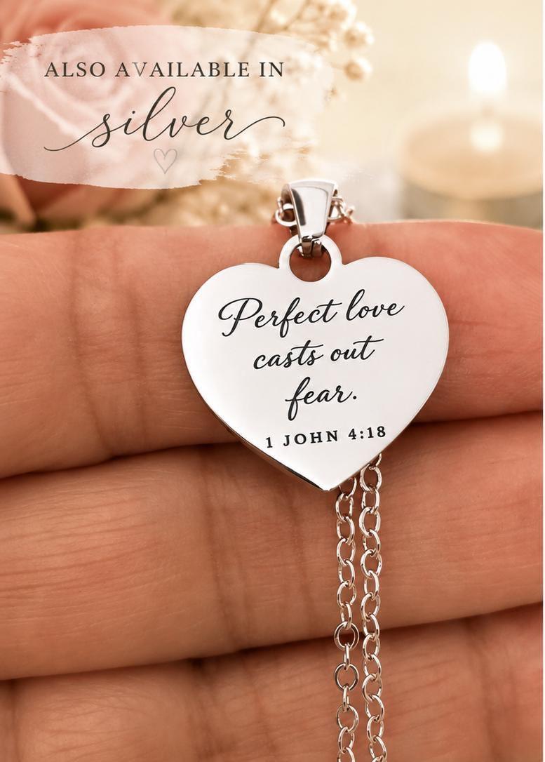 Perfect Love Casts Out Fear Necklace | 1 John 4:18 Bible Verse Necklace | Christian Gift for Women | Faith Jewelry | Gold Scripture Necklace