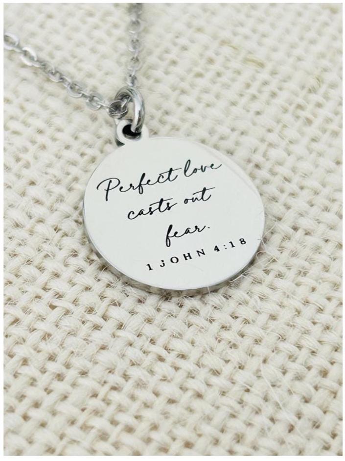 Perfect Love Casts out fear Bible Verse Gold Necklace, Christian Gift, Scripture Jewelry, Personalize Necklace, Engraved Charms, 1 John 4:18