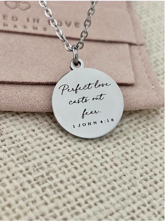 Perfect Love Casts out fear Bible Verse Gold Necklace, Christian Gift, Scripture Jewelry, Personalize Necklace, Engraved Charms, 1 John 4:18