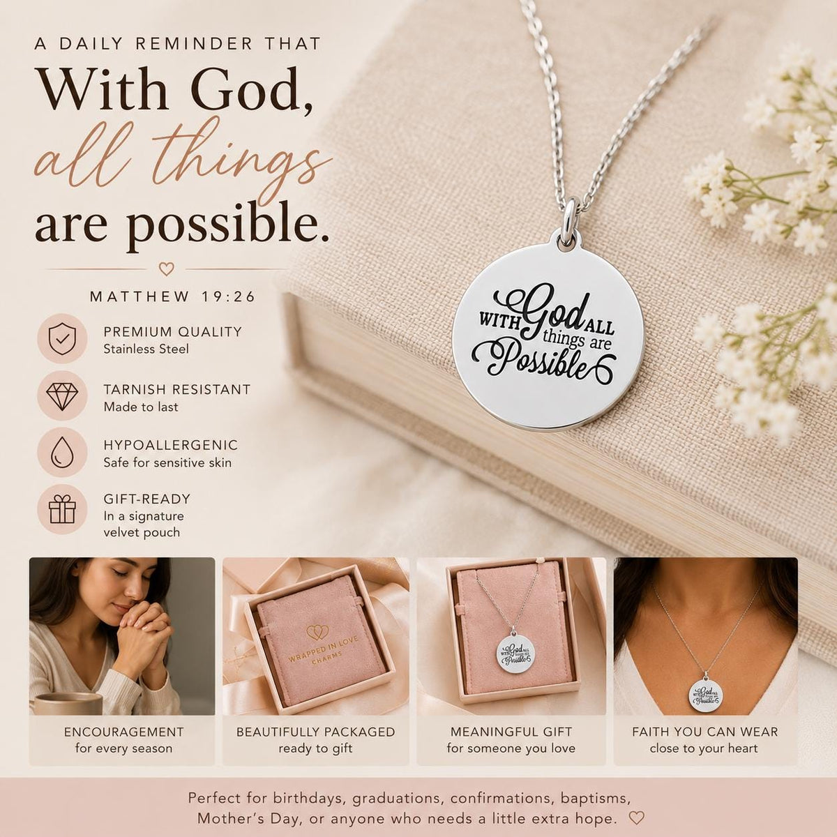 With God All Things Are Possible Necklace | Matthew 19:26 Necklace | Christian Gift for Women | Faith Jewelry | Bible Verse Necklace