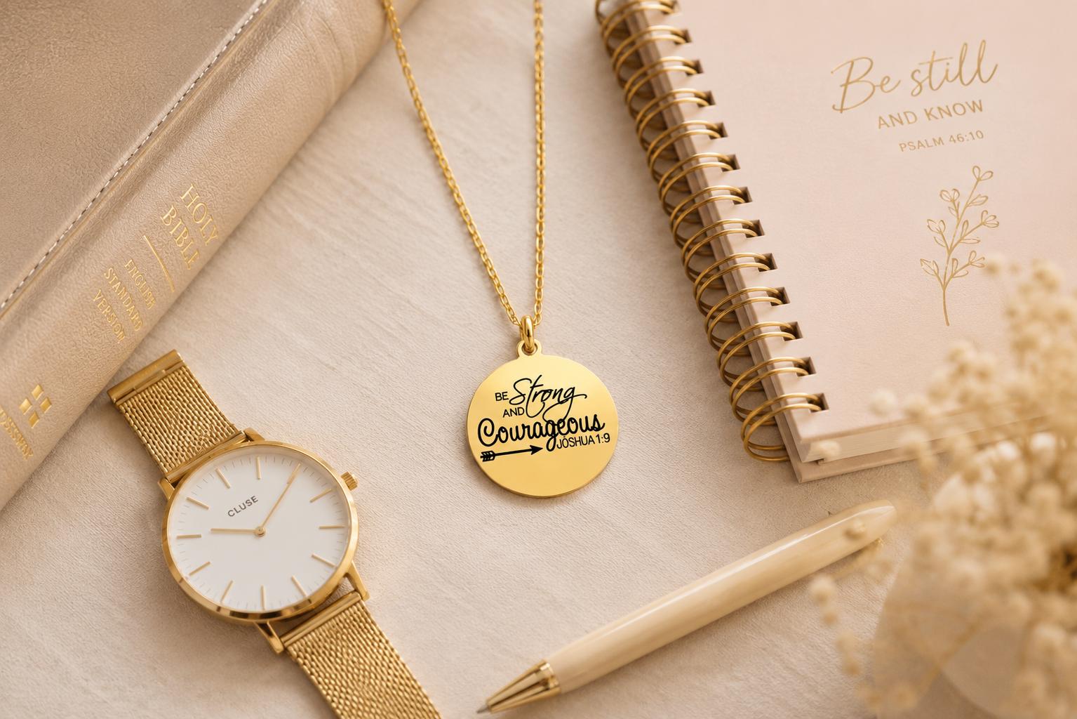 Strong and Courageous Joshua 1:9 Necklace | Christian Bible Verse Jewelry | Personalized Necklace | Faith Gift for Women, Spanish or English