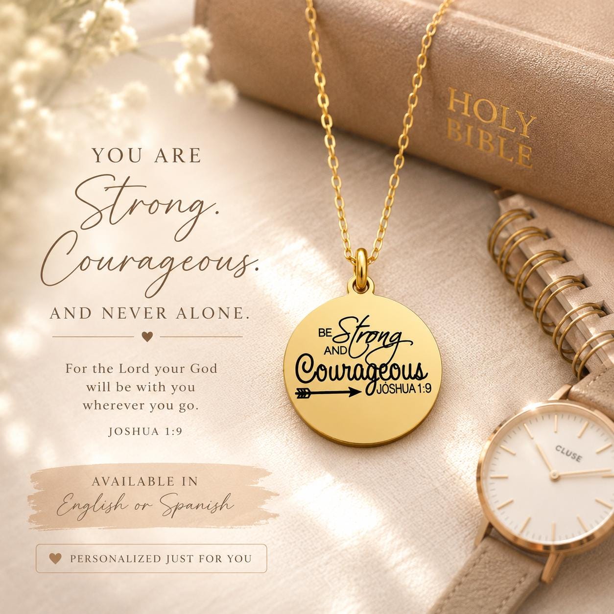 Strong and Courageous Joshua 1:9 Necklace | Christian Bible Verse Jewelry | Personalized Necklace | Faith Gift for Women, Spanish or English