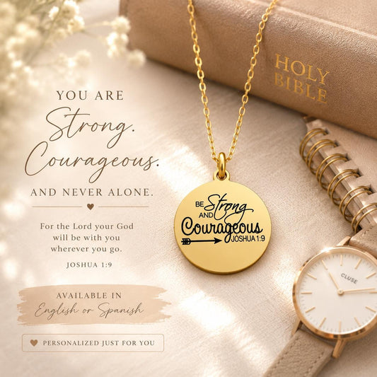 Strong and Courageous Joshua 1:9 Necklace | Christian Bible Verse Jewelry | Personalized Necklace | Faith Gift for Women, Spanish or English