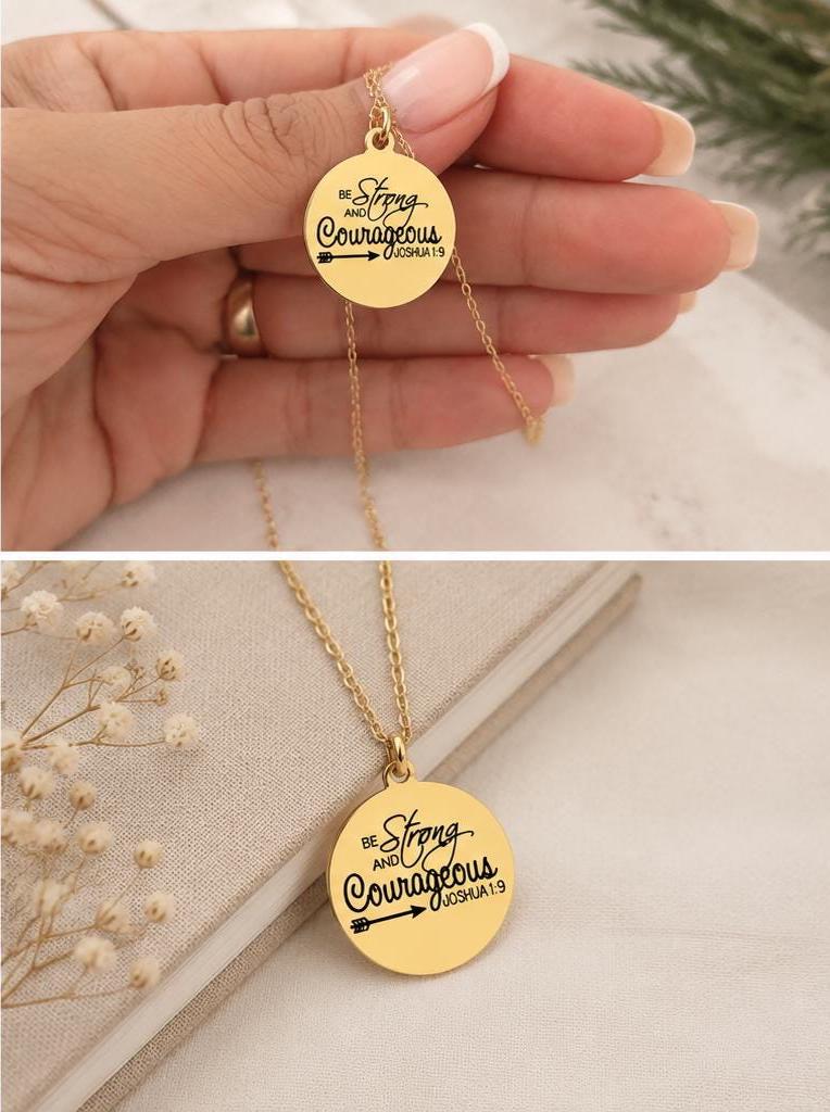 Strong and Courageous Joshua 1:9 Necklace | Christian Bible Verse Jewelry | Personalized Necklace | Faith Gift for Women, Spanish or English