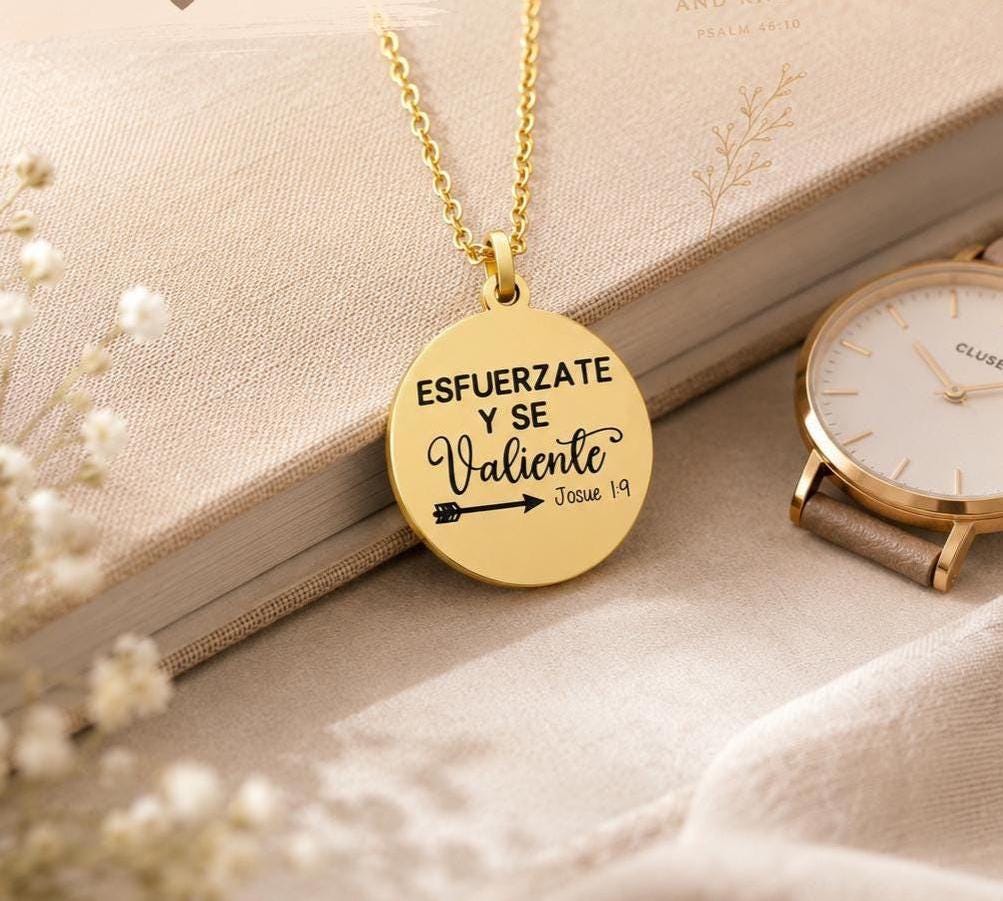 Strong and Courageous Joshua 1:9 Necklace | Christian Bible Verse Jewelry | Personalized Necklace | Faith Gift for Women, Spanish or English