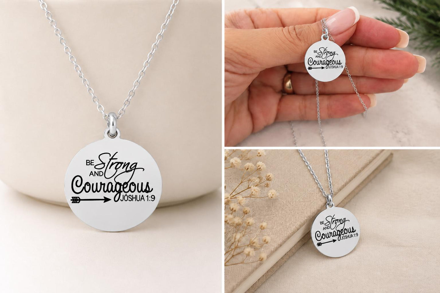 Strong and Courageous Joshua 1:9 Necklace | Christian Bible Verse Jewelry | Personalized Necklace | Faith Gift for Women, Spanish or English