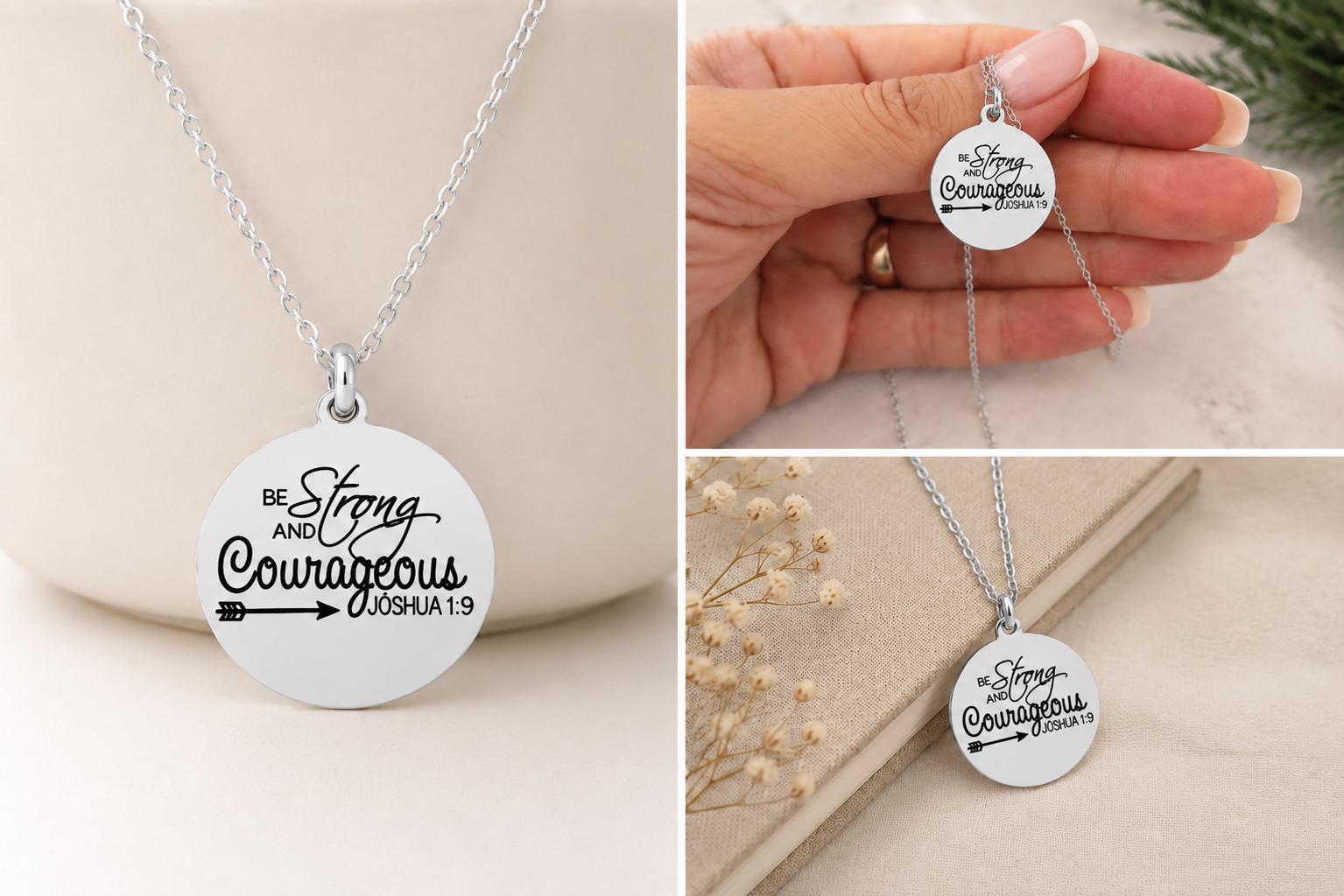 Strong and Courageous Joshua 1:9 Necklace | Christian Bible Verse Jewelry | Personalized Necklace | Faith Gift for Women, Spanish or English