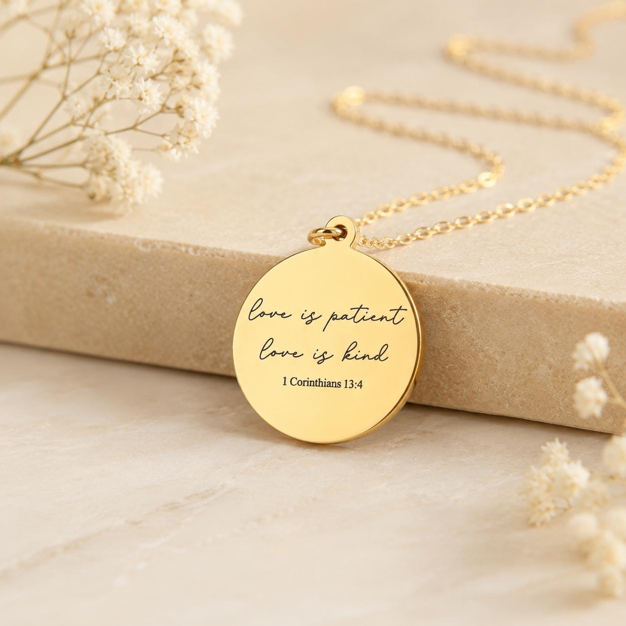 Love is Patient Gold Disc Necklace: Christian Scripture Jewelry