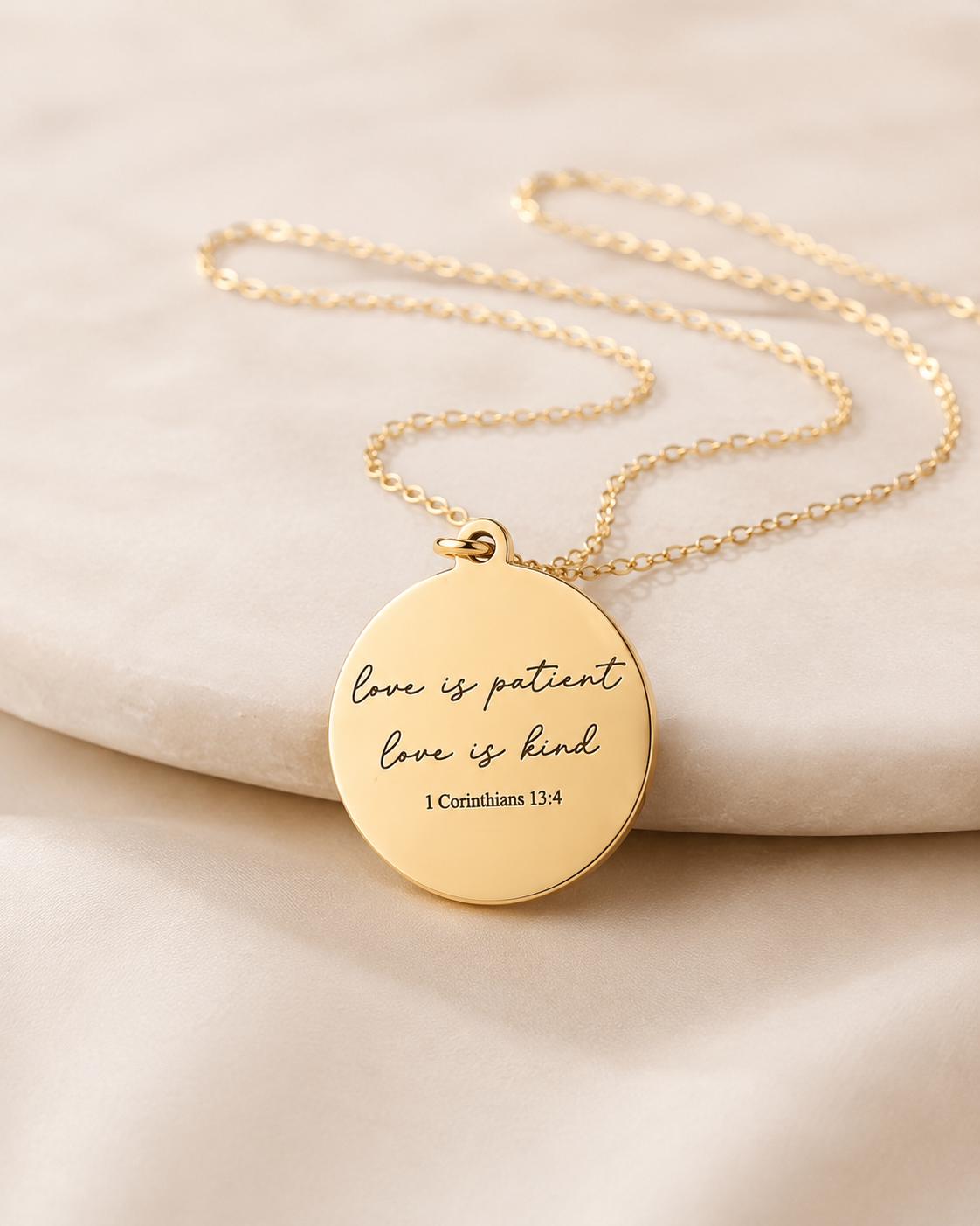 Love is Patient Gold Disc Necklace: Christian Scripture Jewelry