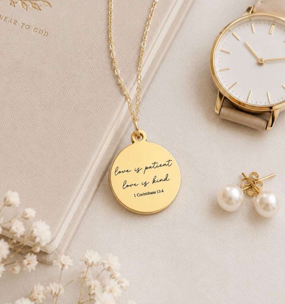 Love is Patient Gold Disc Necklace: Christian Scripture Jewelry