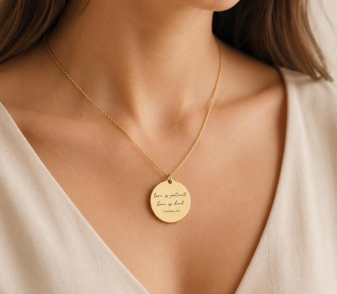 Love is Patient Gold Disc Necklace: Christian Scripture Jewelry