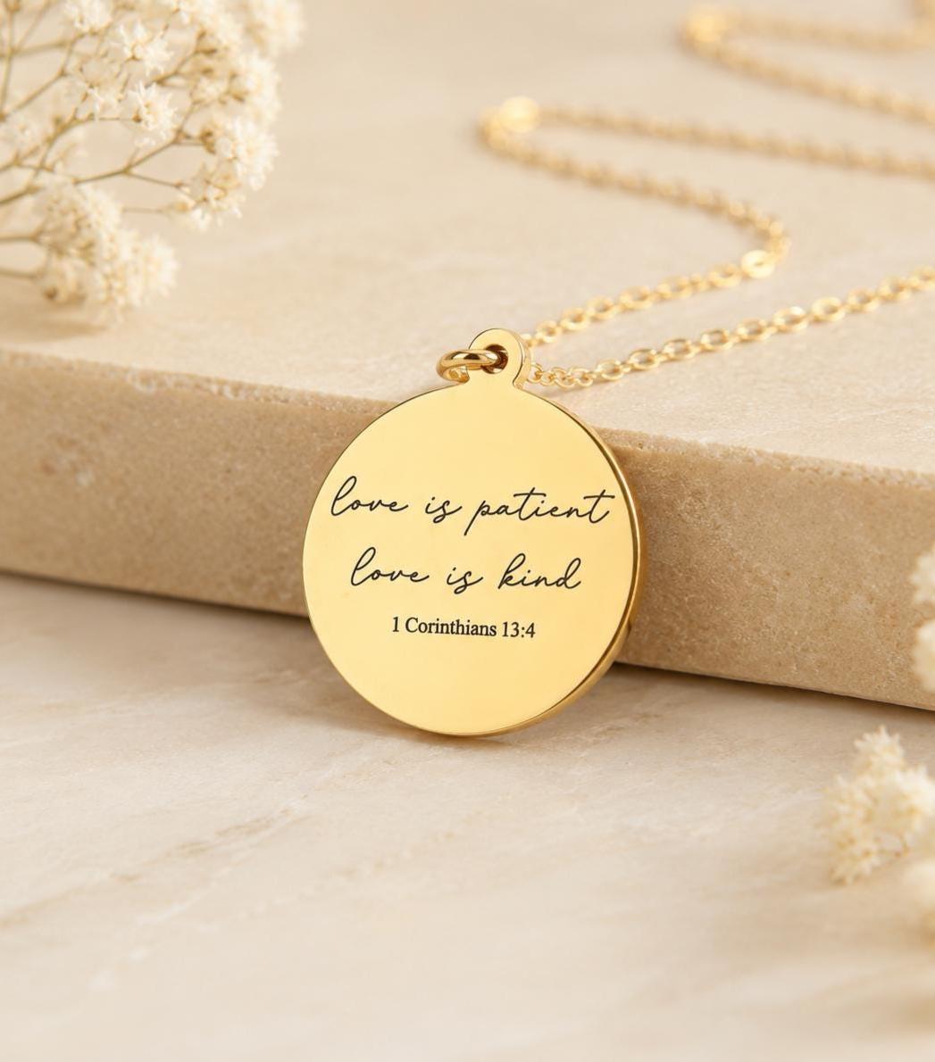 Love is Patient Gold Disc Necklace: Christian Scripture Jewelry